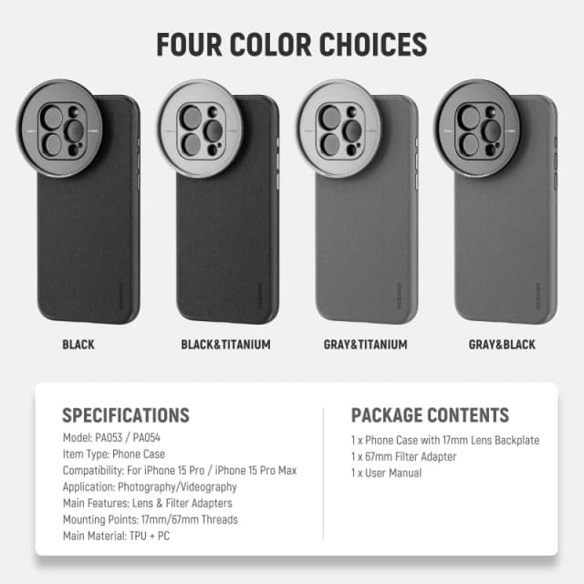 NEEWER PA053/PA054 Case for iPhone 15 Pro Max with 17mm/67mm Adapters - Black&Titanium