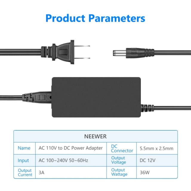 NEEWER AC 100-240V to DC 12V Power Supply Adapter (3A 36W)