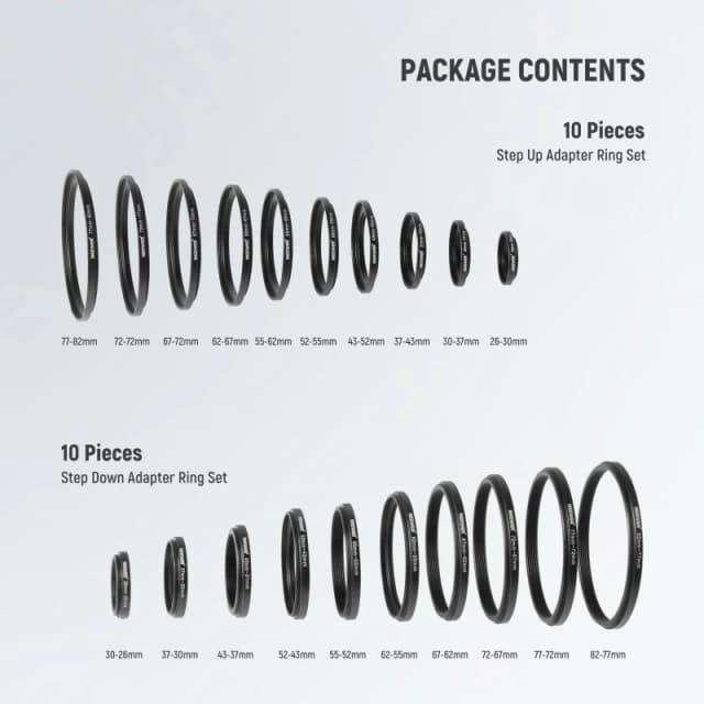 NEEWER 20 Pieces Anodized Black Metal Lens Filter Adapter Ring Kit