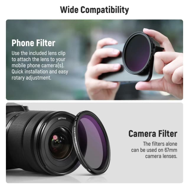 NEEWER Clip On 67mm ND2-ND32 HD Variable Phone Lens Filter Kit - with Threaded Adapter Ring