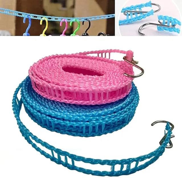 Windproof Anti-Slip Clothes Washing Line Drying Nylon Rope with Hooks/Nylon Clothesline - 5 Meter