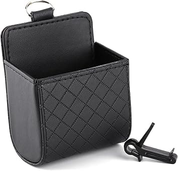 Car Air Vent Storage Pouch,PU Leather Hanging Organiser Box for Keys, Phones, Glasses, 11.5 x 8.5 cm (Black)
