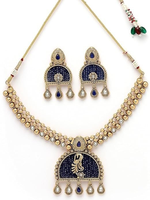 Sukkhi Classical Peacock Style White Stone Studded Gold Plated Copper Choker Necklace Set For Women.