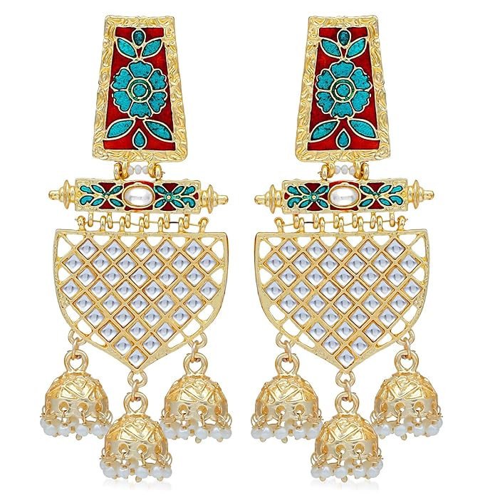 Amazing Gold-plated Chandelier Earrings for Women (Red & Blue) (SKR56898)