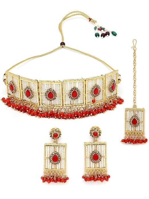 Sukkhi Beautiful Squared Shaped White Beads Studded With Gold Plated Choker Necklace Set For Women.