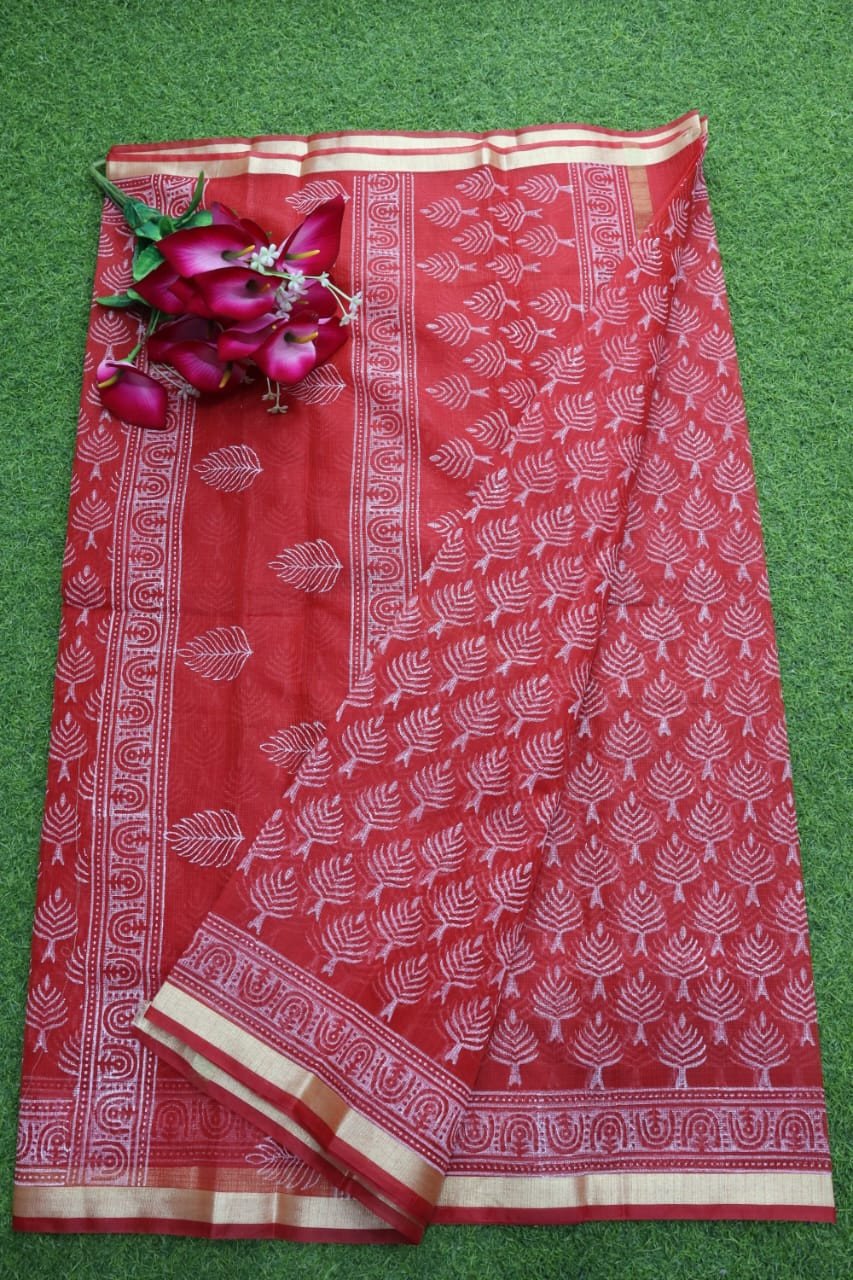 Edathal Star Collection's Soft & Smooth Kota Doria Mix Cotton Block Printed Saree With Blouse | Cotton Saree