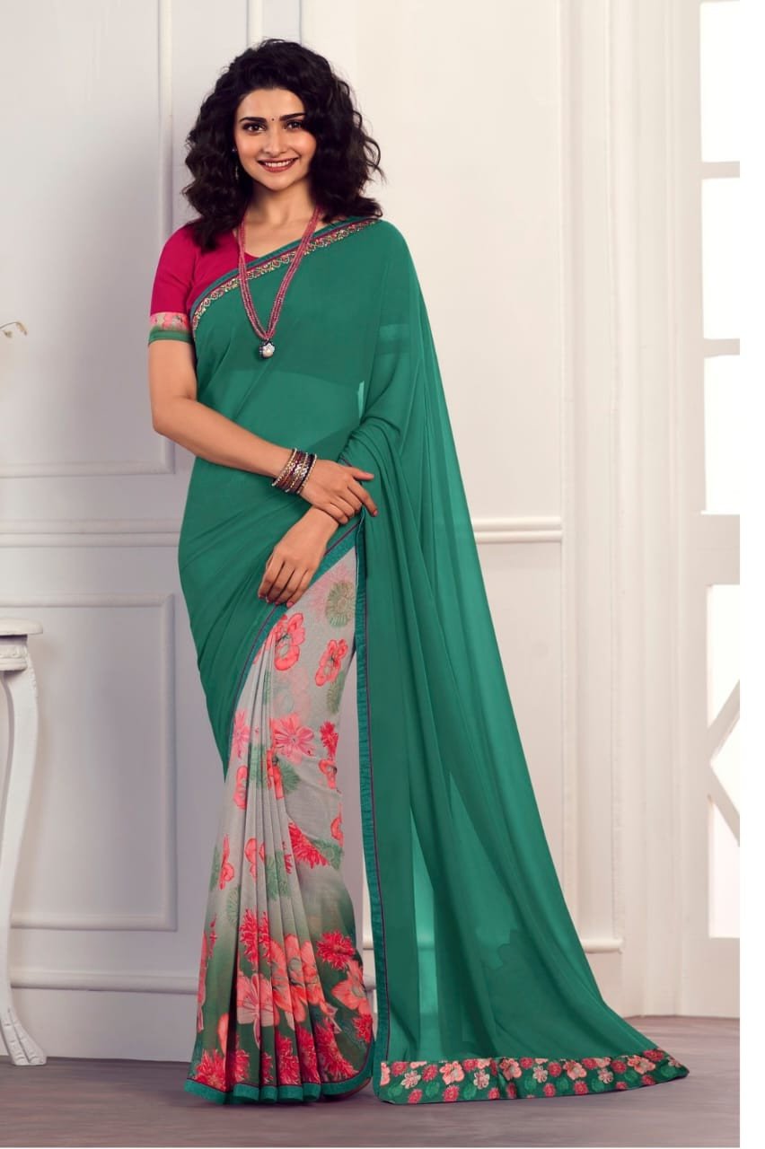 Beautiful Georgette Half & Half Printed Pattern With Plain Blouse | Georgette Saree With Blouse