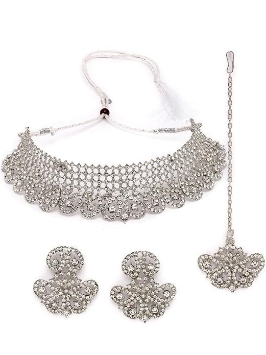 Sukkhi Universal Rhodium Plated Silver Ad Stone Studded Choker Necklace Set For Women