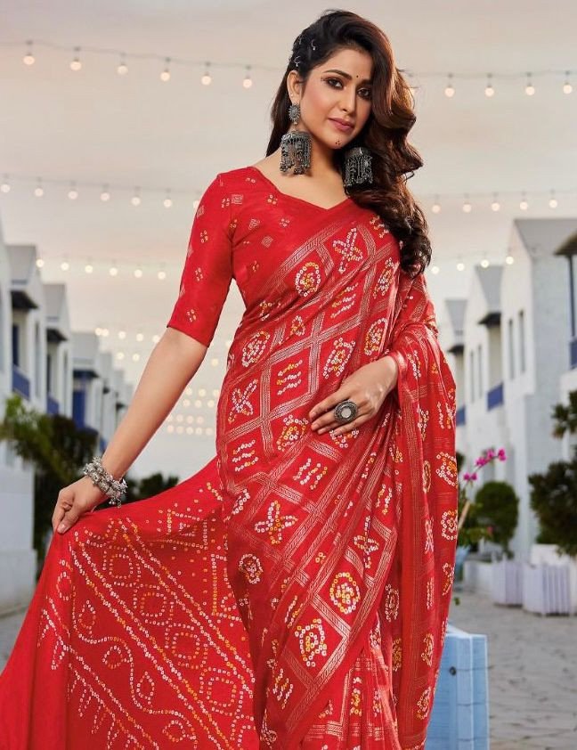Edathal Star Collection's Soft Silk Saree With Bhandez Gharchola Style And Foil Print With Soft Pashmina Allover Printed Blouse - Red Colour