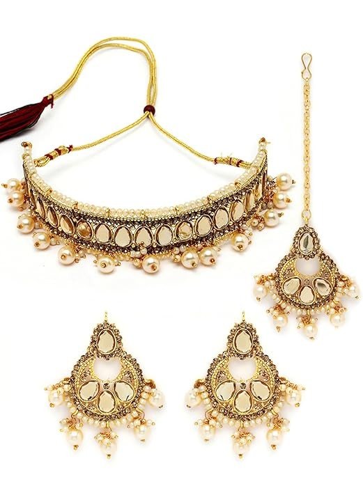 Sukkhi Exciting Gold Plated White Kundan & Beads Studded Choker Necklace Set For Women.