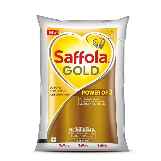 Saffola Gold Refined Cooking oil | Power of 3 - Balance of Good Fats, Triple Anti-Oxidant System & Fortified with Vitamins | Multi-Source Edible Rice Bran & Corn Oil | 1 Litre Pouch