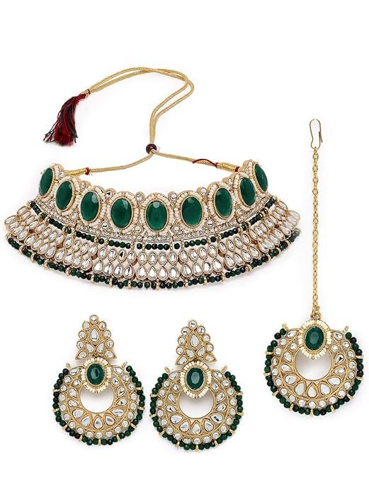 Delightful Trendy Gold Plated Rani Pink Kundan & Beads Studded Choker Necklace Set For Women.