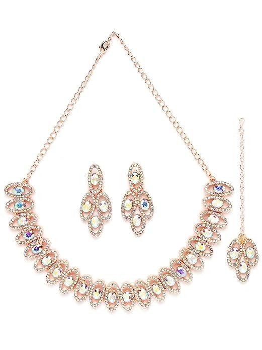 Sukkhi Lavish Rose Gold Plated Rainbow Stones Collar Bone Necklace Set With Earring And Maangtika | Jewellery Set For Women (NS104986)