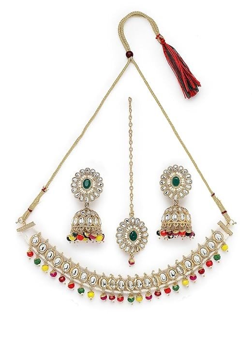 Sukkhi Vintage Gold Plated Red Multicolor Kundan & Beads Choker Necklace Set With Jhumki Earring And Maangtika | Jewellery Set For Women