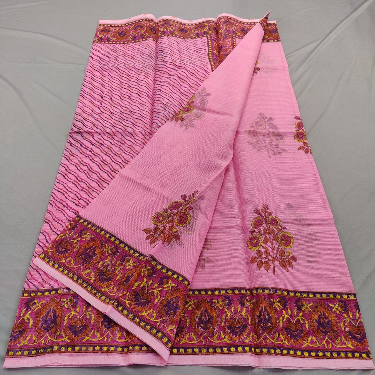 Edathal Star Collection's Attractive Kota Doria Mix Cotton Block Printed Saree With Blouse - Multi Colour | Cotton Saree With Blouse