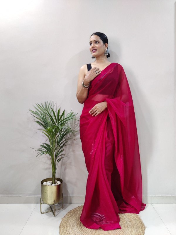 Aparna Collection's Attractive Stylish Fancy In Just Saree Wear In One Minute Ready To Wear Saree - red | Ready To Wear Now Simmer Fancy Fabric With Satin Patta