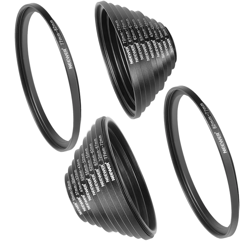 NEEWER 20 Pieces Anodized Black Metal Lens Filter Adapter Ring Kit