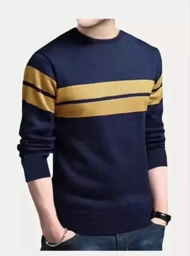 L G Garments Trendy Cotton Rich Blend Striped Round Neck T-Shirt for Men - Navy (S, M, L, XL, XXL)