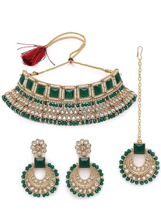 Sukkhi Classical Bridal Gold Plated Rani Pink Kundan & Beads Studded Choker Necklace Set For Women.