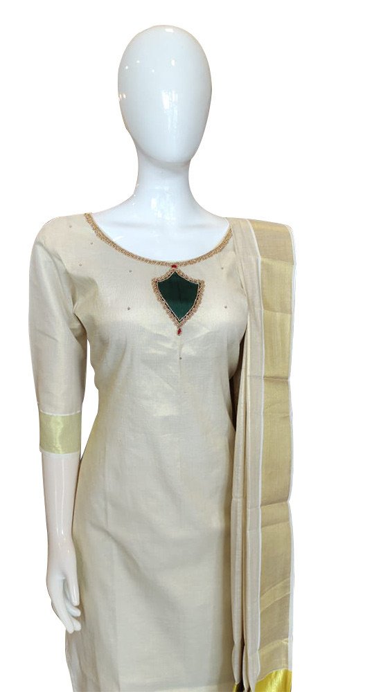 Avanika Collection's Women Attractive & Stylish Kerala Tissue Cotton Salwar Full Set (Tissue Dupatta With Bead Work) | Kerala Traditional Churidar Set