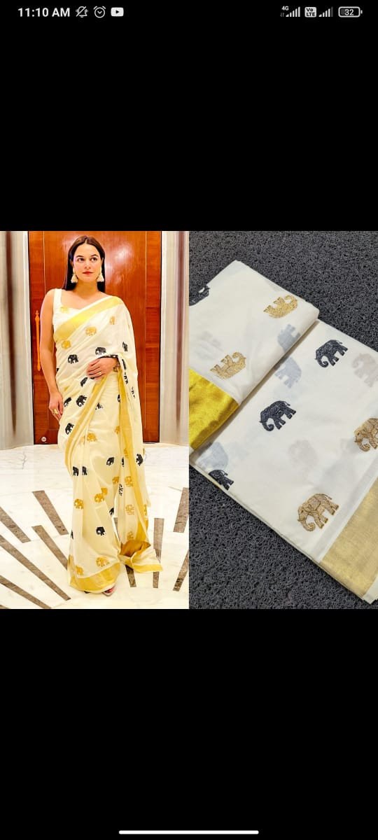 Sai Ram Textiles Kerala Kasavu Elephant Print Cotton Saree | Traditional Saree