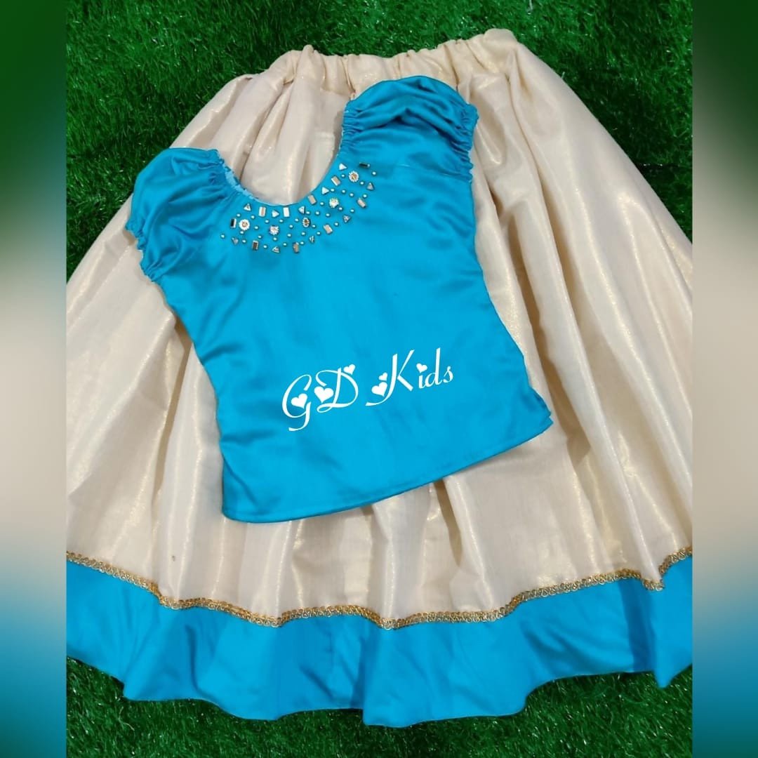 Classy Threads Collectionzz Trendy Stylish Silk Cotton Kids Skirts & Jacket - Sky Blue & White Colour | Kerala Traditional Pattupavada