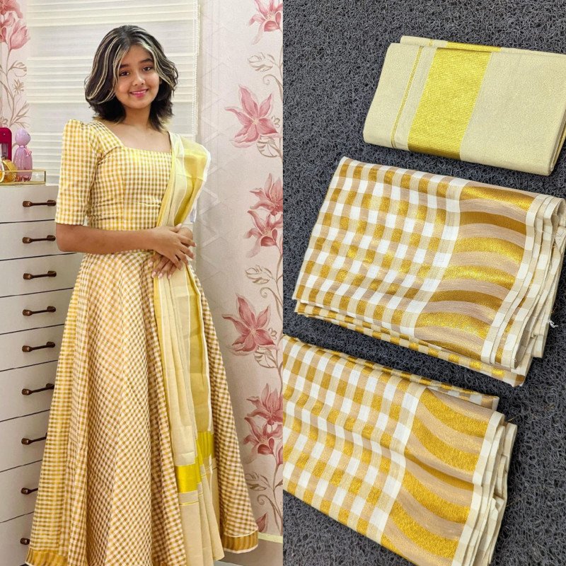 Sai Ram Textiles Kerala Kuthampully Janaki Eswar Lookalike Premium Quality Tissue Davani | Kerala Traditional Style Davani