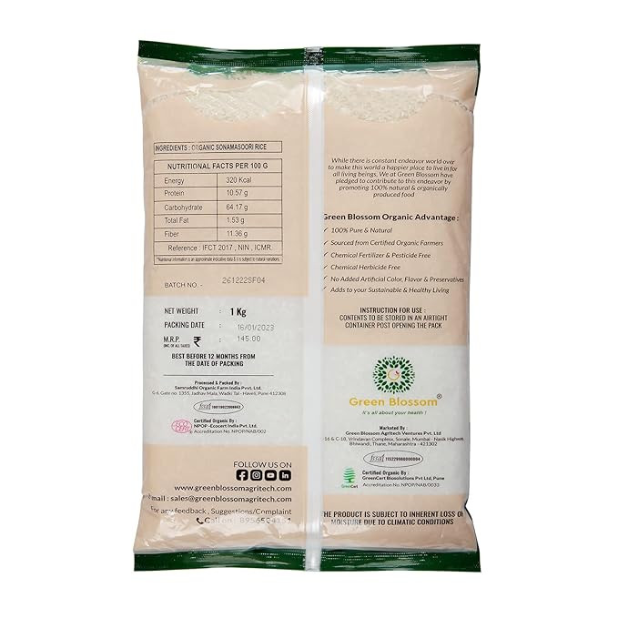 Green Blossom Natural & Organic Sona Masoori Raw Rice Loose - 3 Kg | Cooking Rice | Indryani Rice