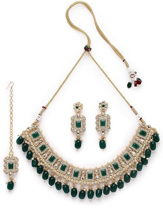 Sukkhi Glitzy Gold Plated Rani Pink Ad Stones & Beads Studded Choker Necklace Set For Women.