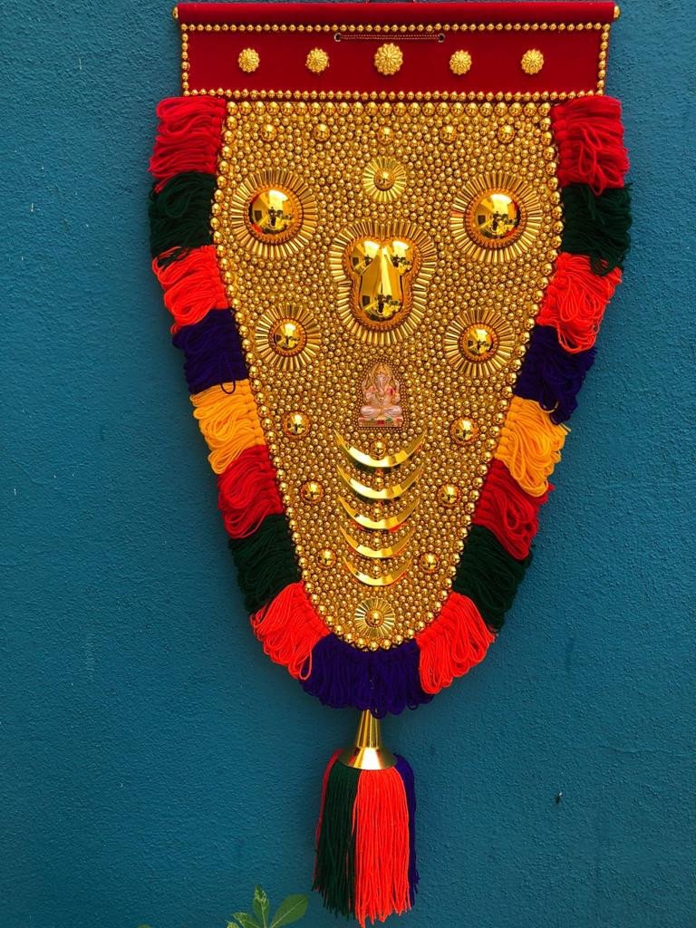 Riya's Kerala Beautiful Traditional Gold Plated Wall Hanging Nettipattam (നെറ്റിപ്പട്ടം) | High Quality Elephant Caparison (1, 1.5 Feet)