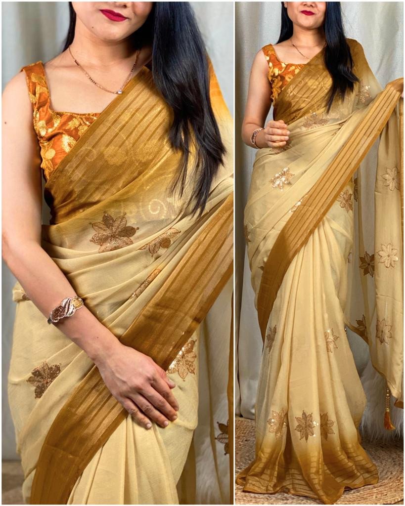 Edathal Star Collection's Attractive Georgette Chiffon Thread & Sequin Work In Saree With Gold Zari Weaving Border With Stylish Latkan In Pallu | Soft Georgette Chiffon Saree