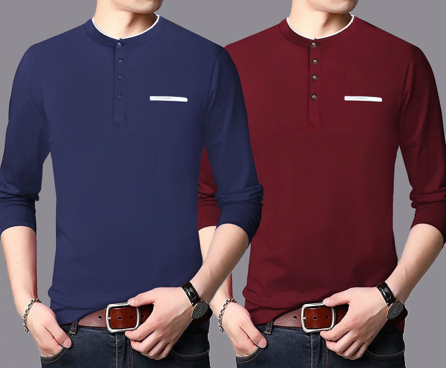 LG Garments Men's Trendy Stylish Henley Neck Full Sleeves Cotton T-Shirt Combo - Multi-colour (Pack Of 2) | Men's T-Shirt (2 in 1) (S, M, L, XL, XXL)