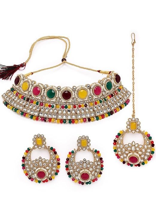 Fashion-Forward Gold Plated Green Kundan & Beads Studded Choker Necklace Set For Women.