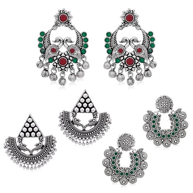 Amazing Oxidised Peacock Pair of 3 Chandbaali Earring Combo for Women.