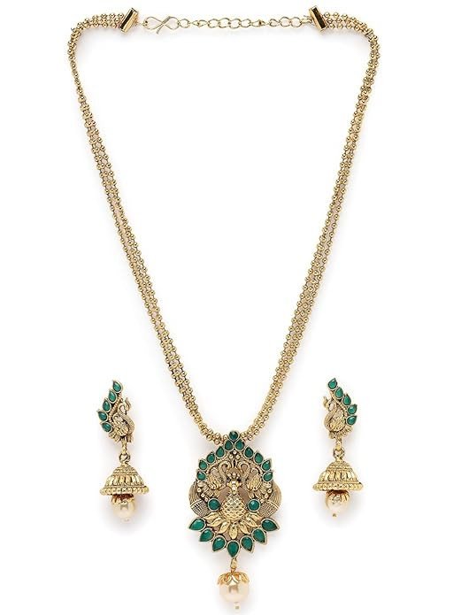 Green Stone Multistring Long Necklace Set And Earring | Jewellery Set For Women (NS105681)