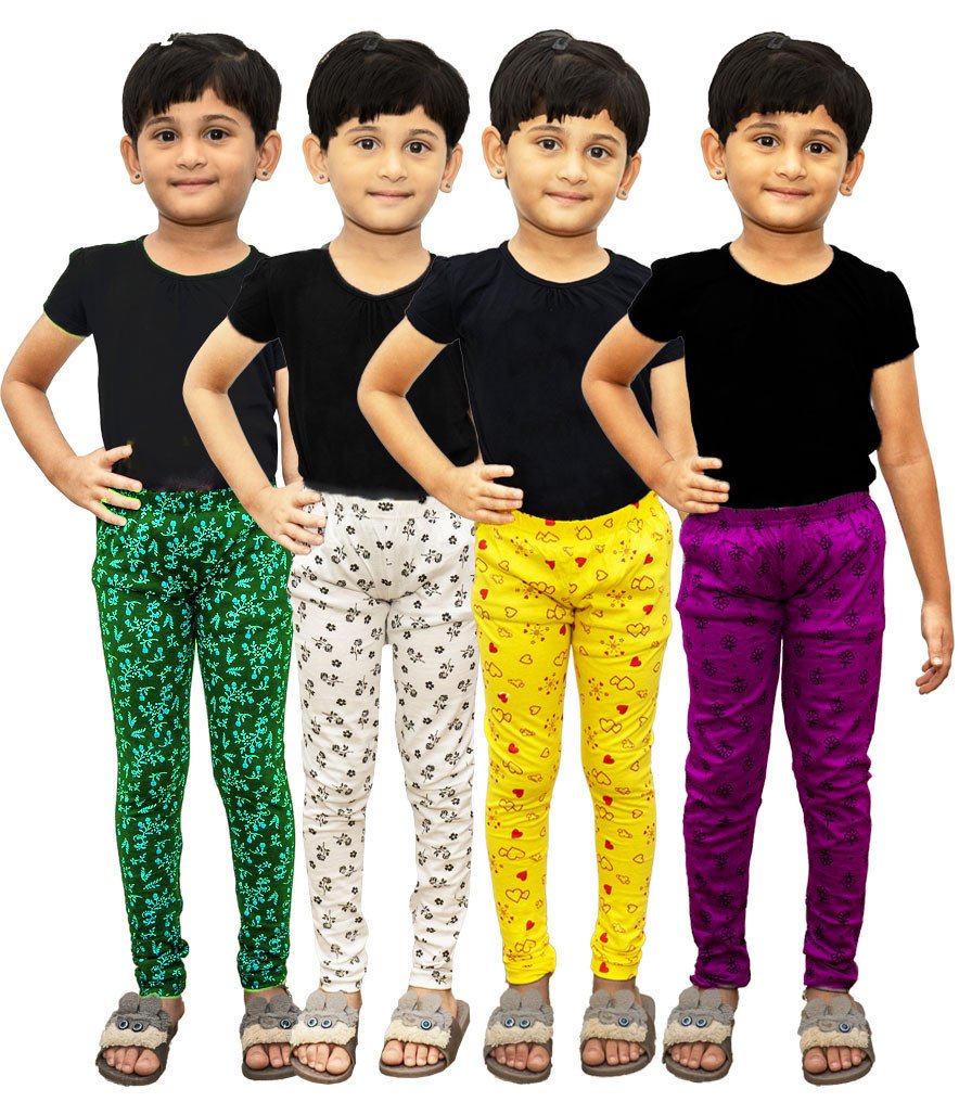 AFRA Regular Fit Cotton Full Length Printed Leggings Pack of 4 For Kids (Combo Offer) | Ankle Length Leggings 4 in 1