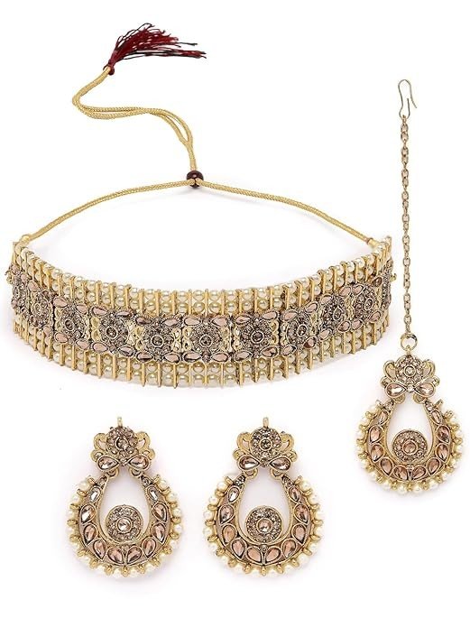 Sukkhi Indian Ethnic Gold Plated Green Kundan & Beads Studded Choker Necklace Set For Women.