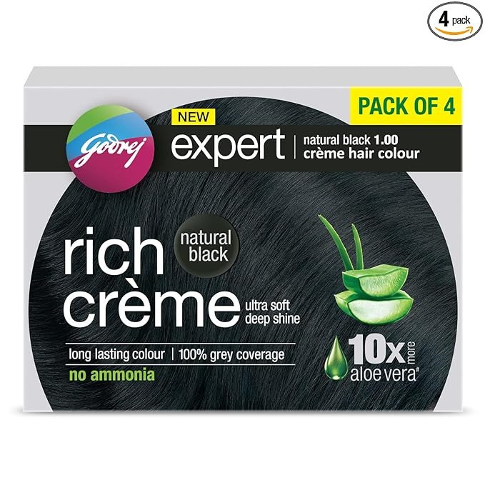 Godrej Expert Rich Crème Hair Colour Shade - Pack of 4 (NATURAL BLACK) | Hair Colouring Cream - Black | Long Lasting Hair Colour