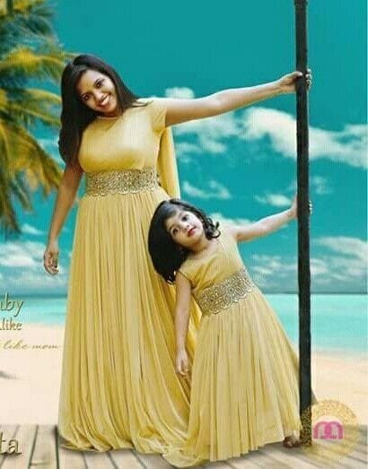 Sastha Fashion Mother And Daughter Stylish Classy Partywear Embroidery Net Sleeveless Long Length Georgette Fabric Yellow Colour Gown ( S , M , L , XL , XXL , XXXL )
