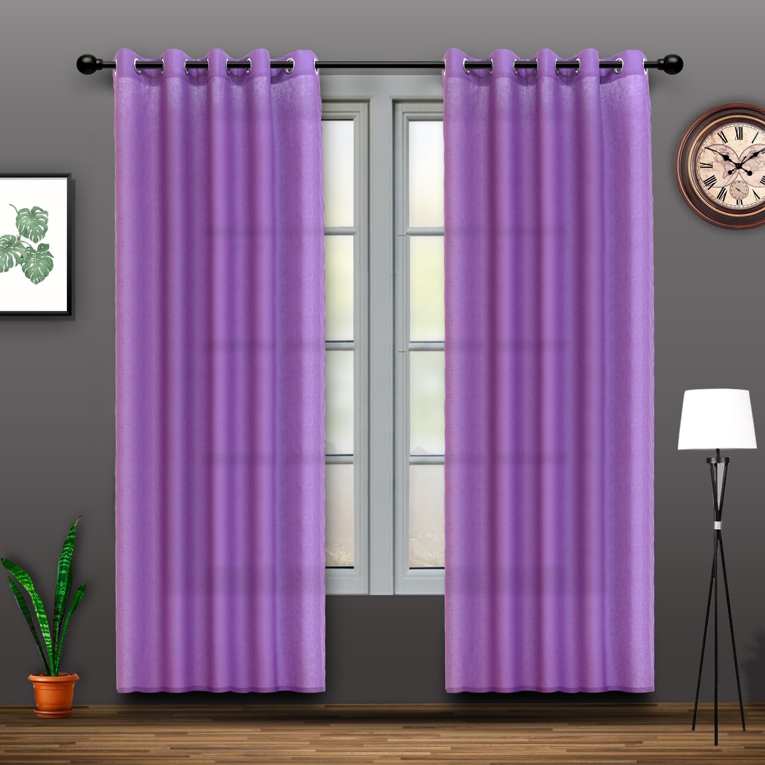 GONATURS Cotton Linen Solid Sheer Curtain Set with Eyelet Rings Non Blackout Set of 2,Door/Window Curtain (4.5ft x7ft) (Purple Violet)