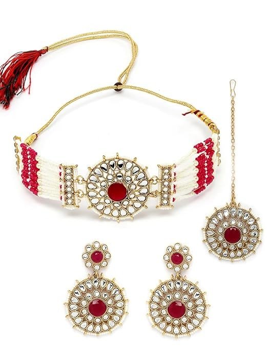 Sukkhi Decorative Round Shaped Multicolor Kundan & Beads Studded Choker Necklace Set For Women.