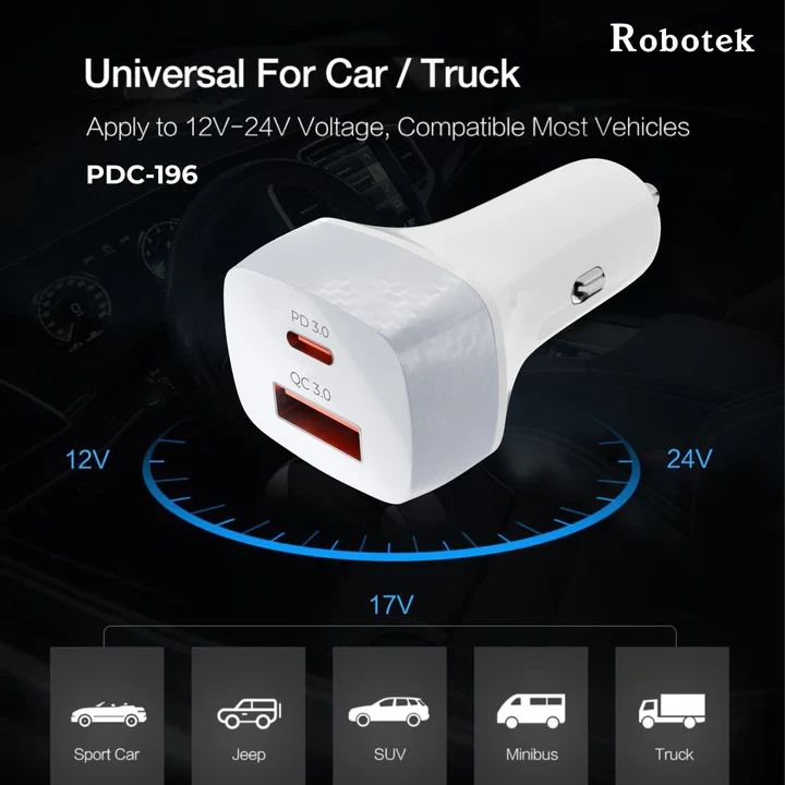 Robotek PDC-196 PD + QC 3.0 Car Charger With Charging Cable.