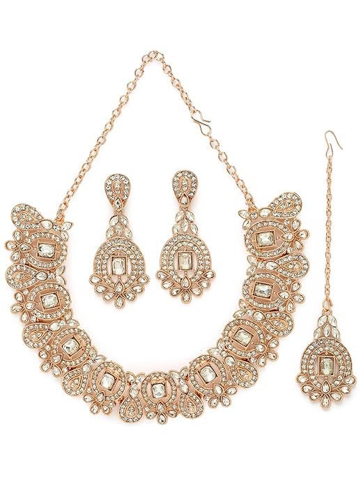 Gold Plated AD Stone Collar Bone Necklace Set With Earring And Maangtika | Jewellery Set For Women (NS105699)