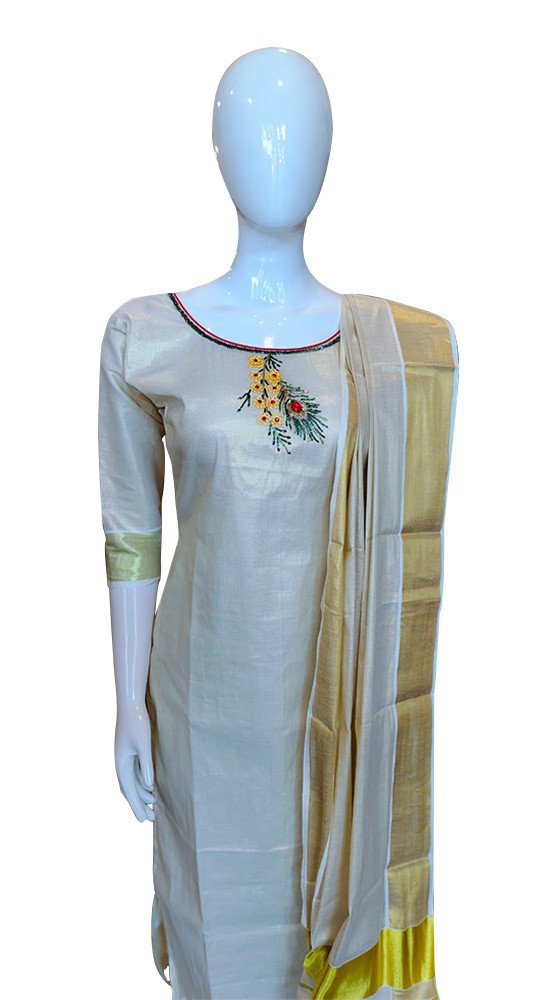 Avanika Collection's Attractive & Stylish Tissue Cotton Kerala Traditional Churidar Full Set - (Tissue Dupatta With Bead Work) | Kerala Traditional Cotton Salwar Set