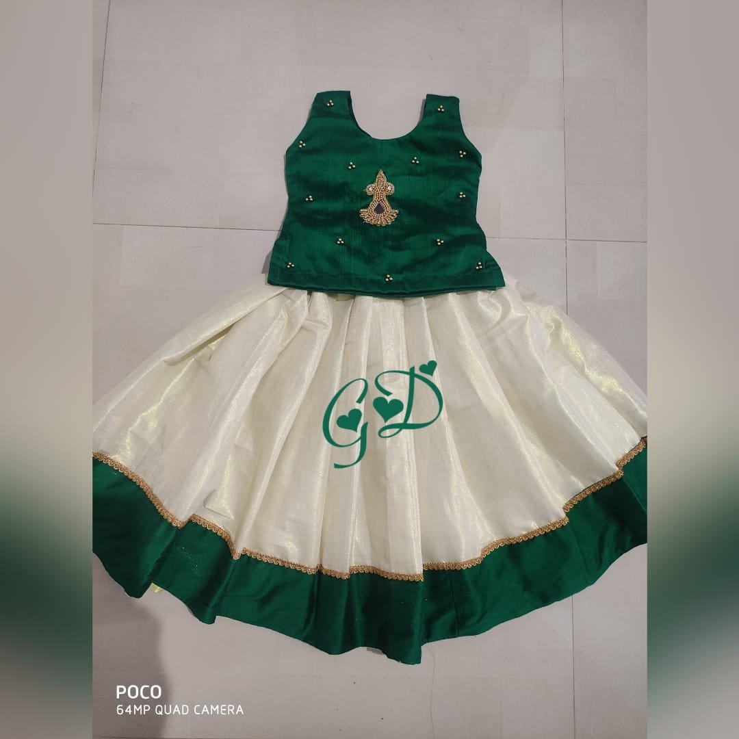 Classy Threads Collectionzz Trendy Stylish Silk Cotton Kids Skirts & Jacket - Green & White Colour | Kerala Traditional Pattupavada