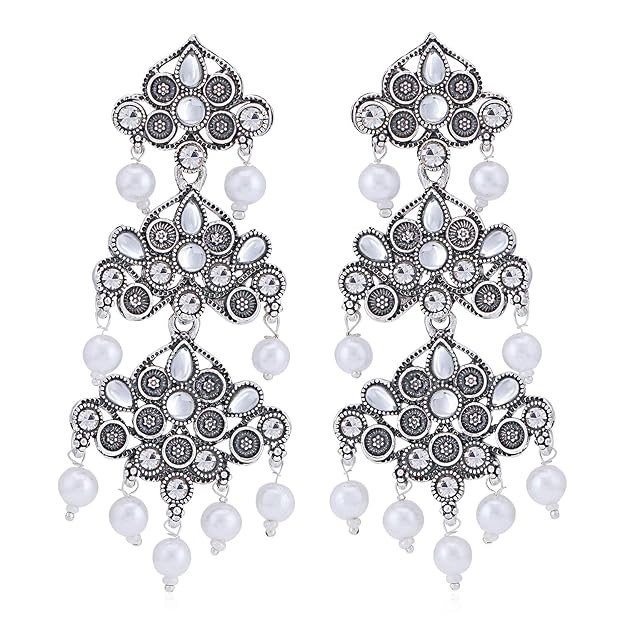 Designer Oxidised Kundan & Pearl Chandelier Earring For Women (SKR56768)