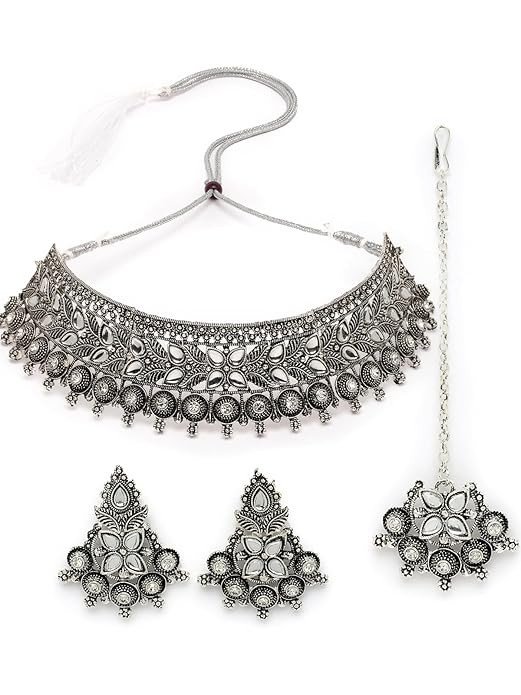 Eye-Catchy Oxidised Silver Plated Choker Necklace Set With Earring | Mangtikka Set For Women.