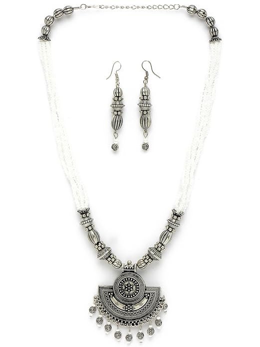 Ethnic Oxidised Silver Plated Stylish Beads Long Necklace Set And Earring | Jewellery Set For Women.