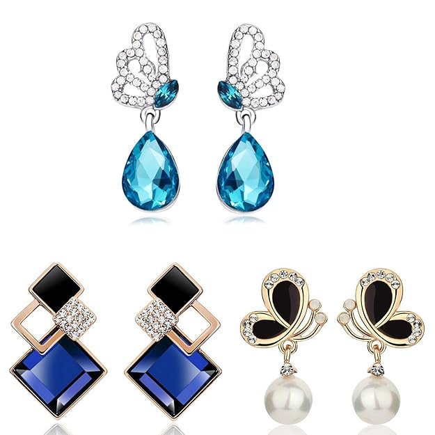 Pair-of-3 Earring-combo Dangler Earrings for Women (Blue) (SKR69214)