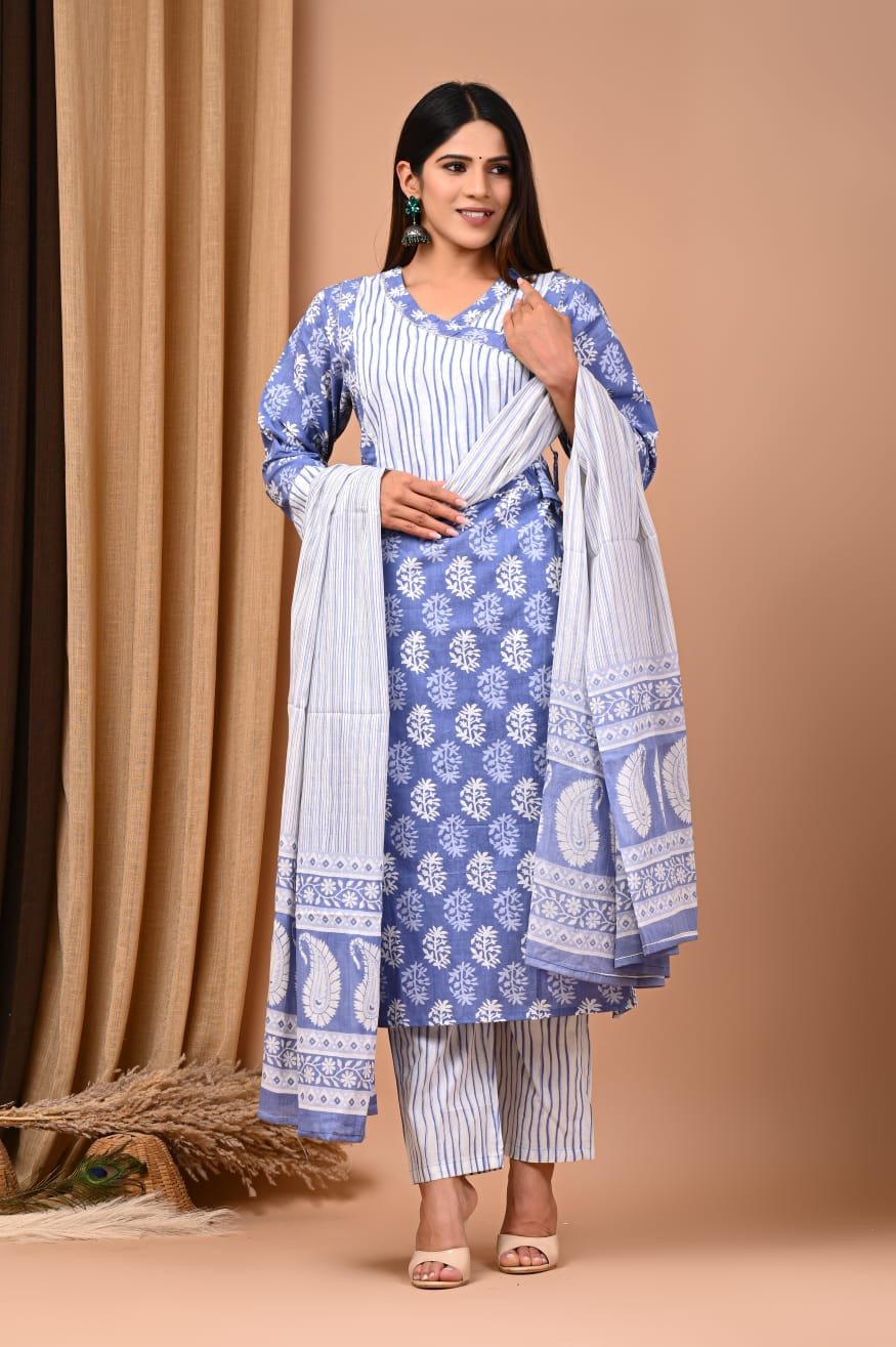 Bagru Handblock Printed Designer Cotton Suit With Mulmul Duptta - Sky Blue Colour | Cotton Churidar Full Set